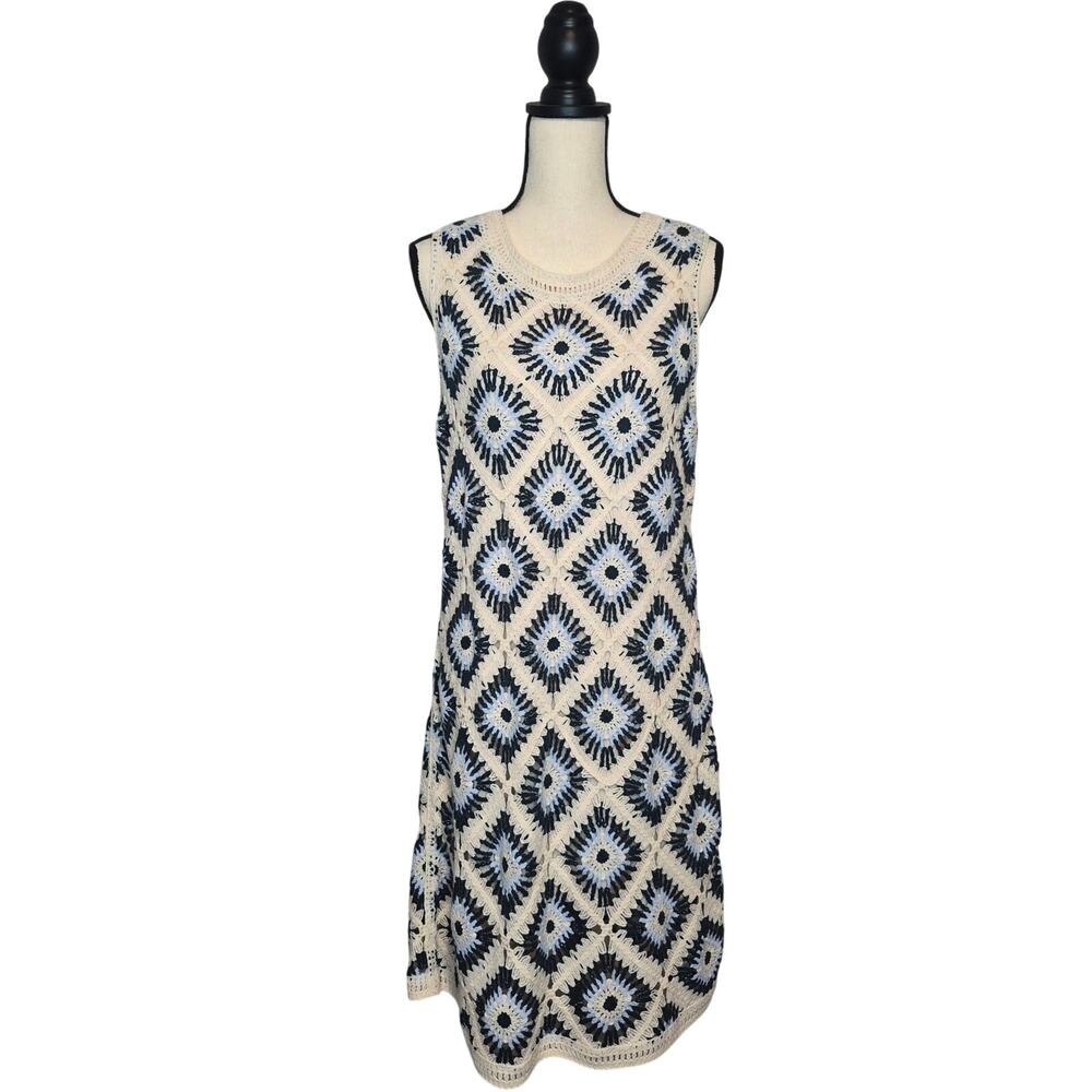 Kings Road Crochet Knit Mini Dress Blue Cream Granny Square Pattern Women's sz L